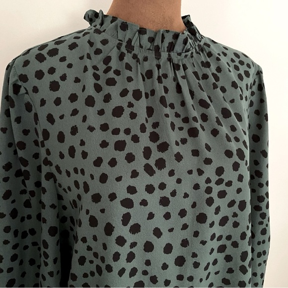 Green and Black Animal Print Blouse with puff sleeves and elastic Ruffle Cuffs. - Picture 5 of 7